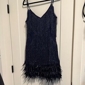 Women’s Navy Beaded Fringe & Feather Cocktail Dress